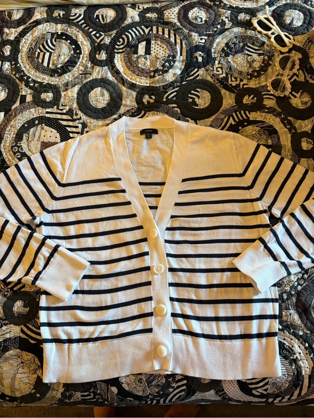 J.Crew Striped Button Front Cardigan Sweater White Navy XXL NWOT